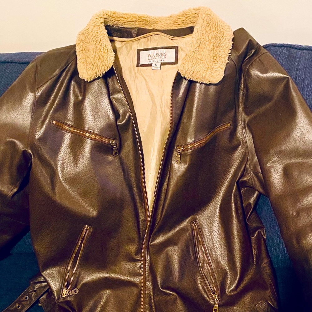 Wilson’s brown leather bomber with Sherpa collar